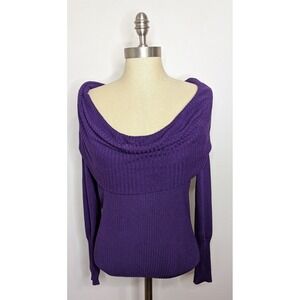 VTG Womens Off-Shoulder Ribbed Cowl Neck Sweater Blouson Sleeve Size L Purple